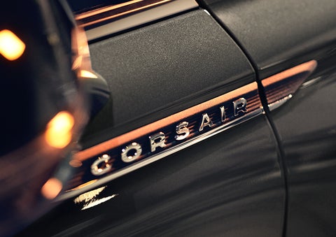 The stylish chrome badge reading “CORSAIR” is shown on the exterior of the vehicle. | Lincoln Demo 5 in Derwood MD